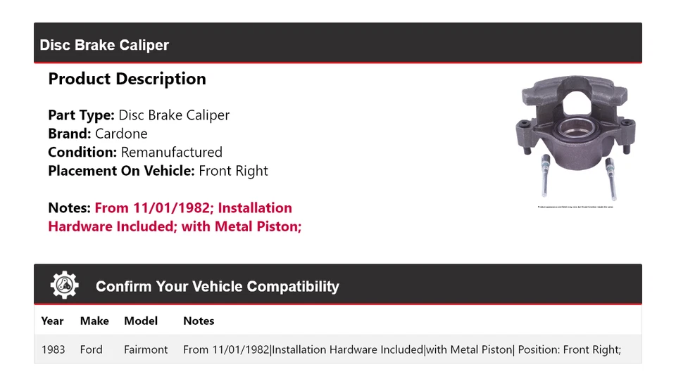 适用于 1983 年福特 Fairmont 盘式制动卡钳右前 Cardone — 第 2/4 张图片