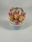 Three Bunnies in a Blue Basket 3.5" Candle Holder
