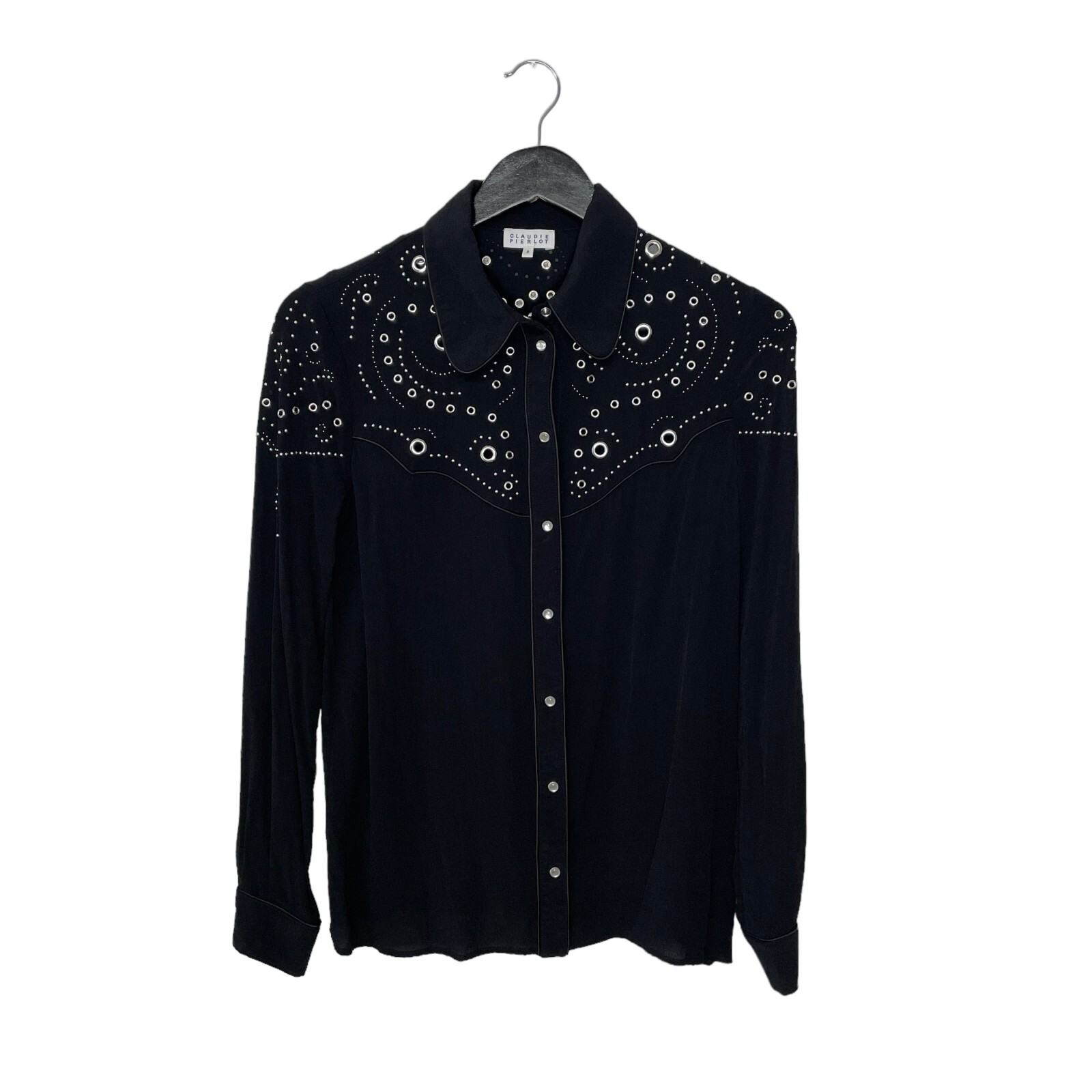 SAINT LAURENT Camicia camicetta Claudie Pierlot Occhiello Western perla a scatto crepe viscosa taglia 2 nera