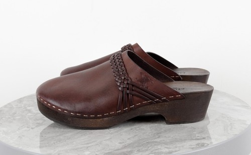 CELINE Wood and Leather Brown Clogs Size 38 - Picture 15 of 17