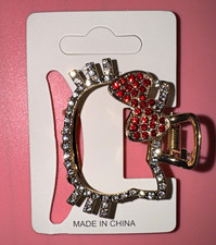 Gold Tone Metal Hair Clip with Clear Rhinestones  Red Bow Accent