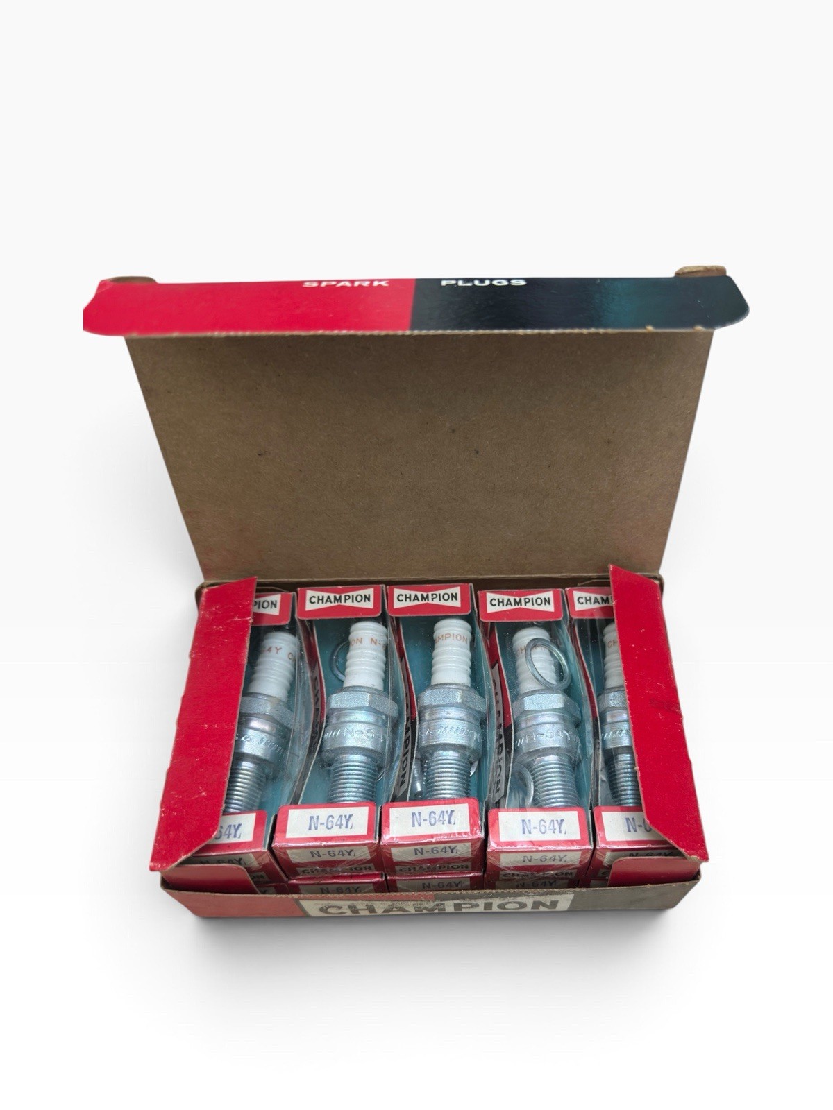 10 NOS Vintage Champion  N-64Y Spark Plugs In Sealed Pkgs In Original Box
