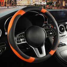 Leather Steering Wheel Cover, Breathable, Anti-Slip, Odor-Free, Black/Orange