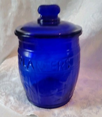 Planters Mr Peanut Cobalt Blue Depression Glass Barrel Store Counter Jar Running