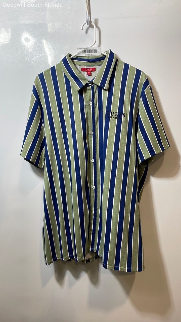 Guess Mens Green Blue Striped Short Sleeve Button-Up Shirt Size XL With Tag
