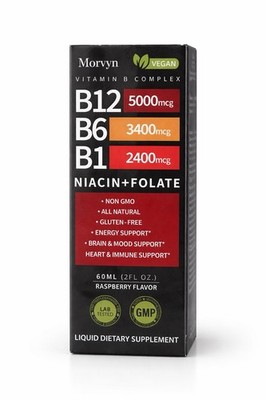 Morvyn Vegan Vitamin B Complex Liquid B12 5000mcg B6 B1 Niacin 60ml Raspberry