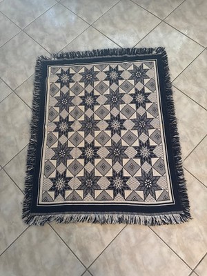 Vtg 44x55  Westport & Co Dark Navy Blue White Star Primitive Jacquard Fringe Rug