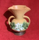 Vintage ROSEVILLE Pottery Brown & White Gardenia Double Handle Vase 684-8"