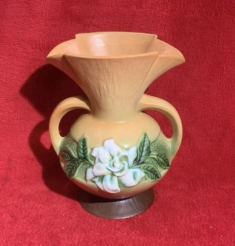 Vintage ROSEVILLE Pottery Brown & White Gardenia Double Handle Vase 684-8"