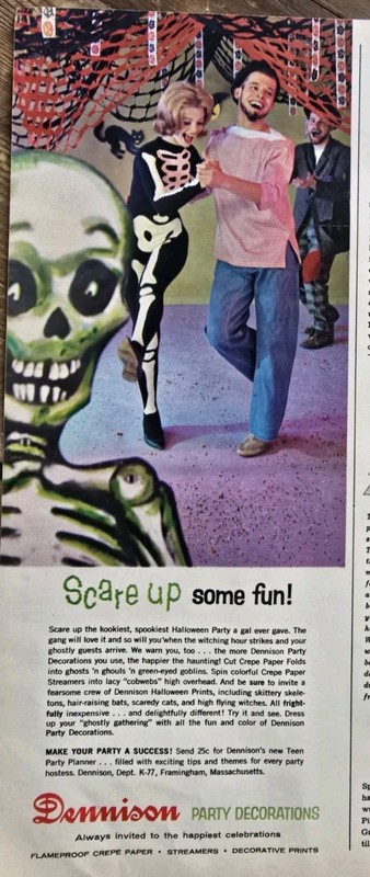 1962 Dennison Party Decorations Halloween skeleton costumes Vintage Ad 