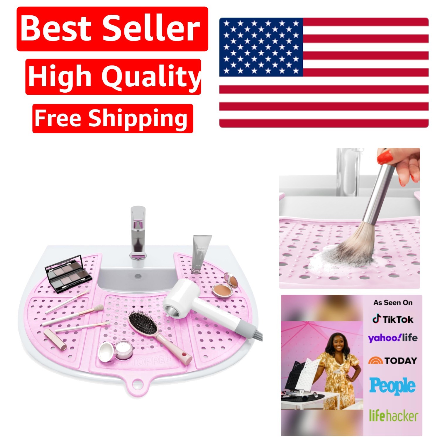 Textured Silicone Sink Cover for Makeup Brush Cleaning & Organization - Pink