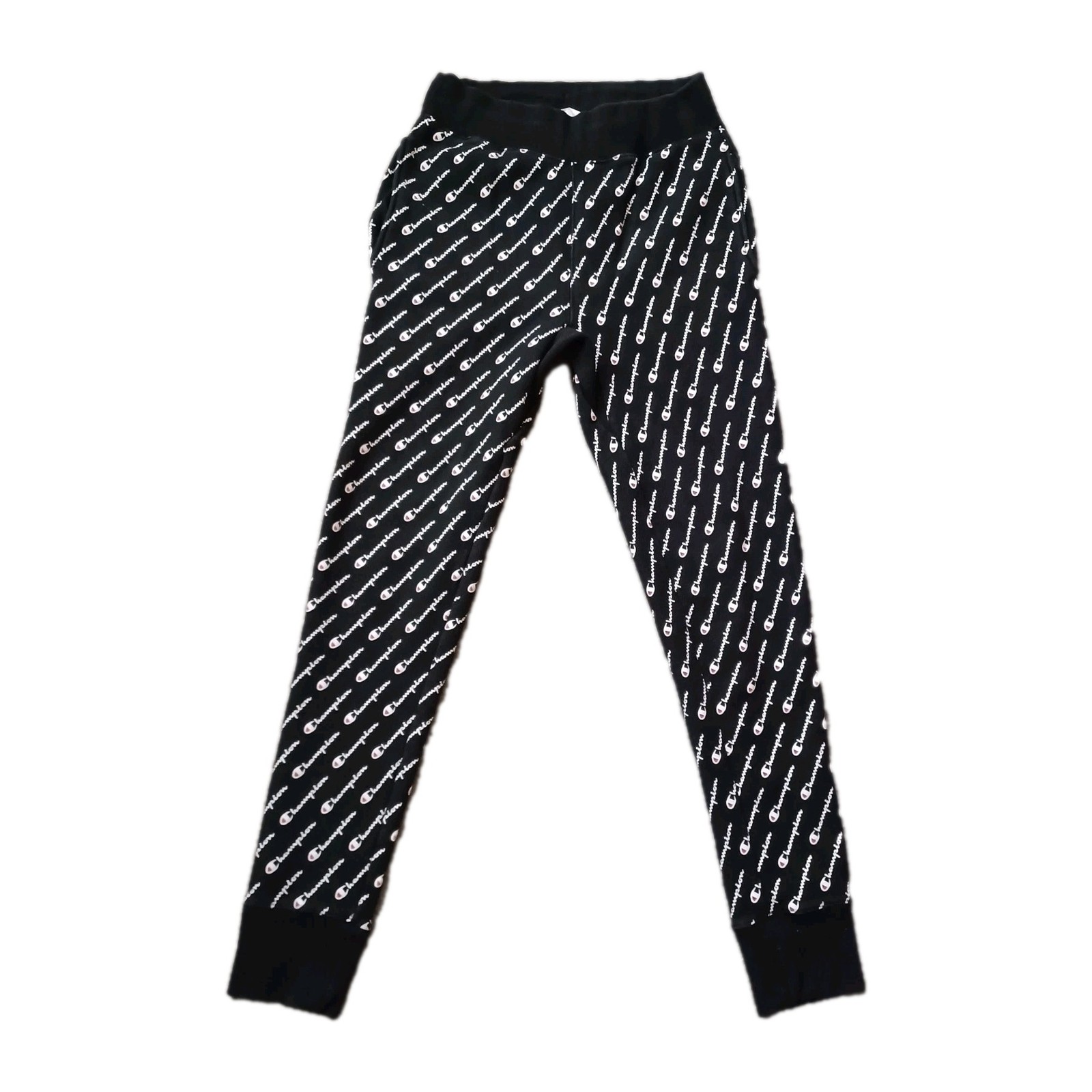 Vtg Champion Reverse Weave Joggers Mens M Black All Over Print Logo Sweat Pants