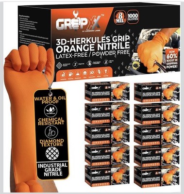GRIPXX Herkules 8 Mil Orange Nitrile Gloves XL 10pk Diamond Grip Latex Free