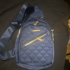 Womens Blue Quilted Sling Bag Crossbody Strap Gold Hardware Multiple Zips