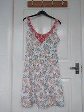 Fat Face Ivory Pink Green Floral Sun Dress Button Strap Lace Rouched Back UK 12