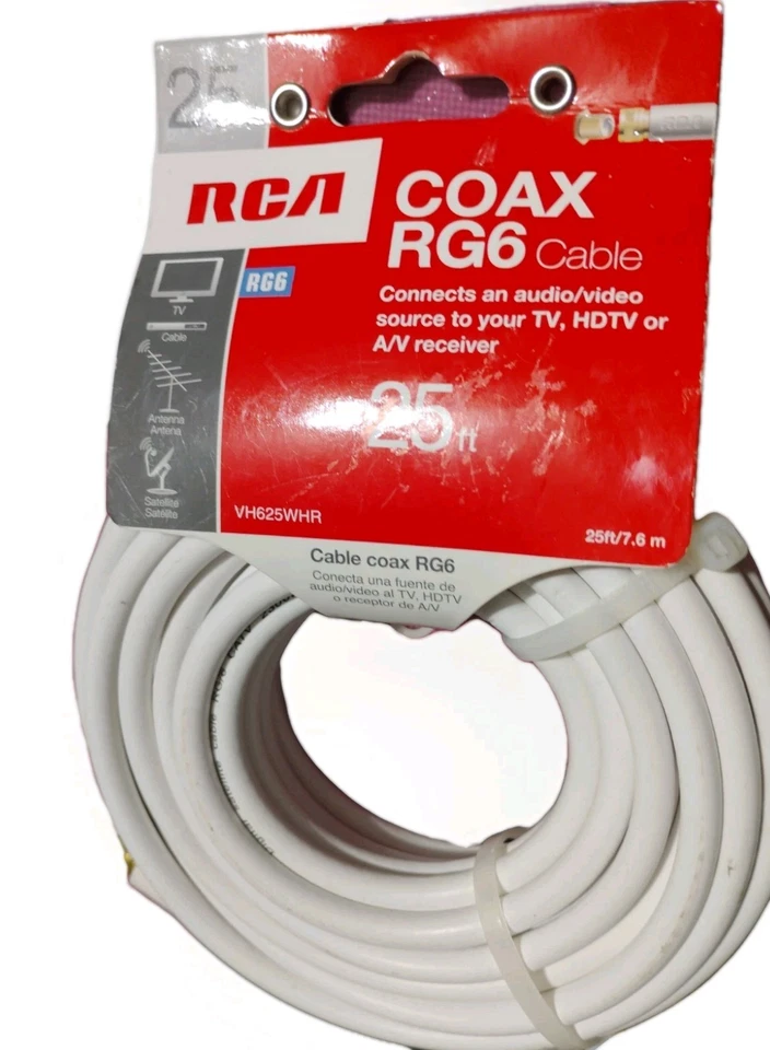 25ft Male to Male RG6 Coax Coaxial Cable White TV Antenna Satellite RCA New - Image 2 of 4