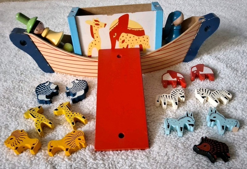 Rare Old Sevi Italy Wood Toy Boat With Animals & People Noah's Ark ~16 Pieces~