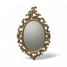 Vintage Ornate Baroque Wall Mirror – Brass-Tone Rococo Burwood 21.5” x 33.5”