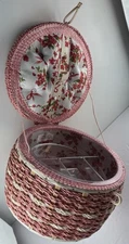VTG Dritz Sewing Embroidery Basket Box Pink Woven Rattan Round Red Satin Tufted