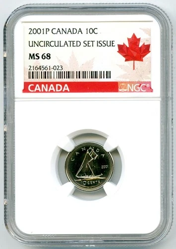 2001 P CANADA 10 CENT NGC MS68 UNCIRCULATED DIME MAPLE LEAF RED LABEL