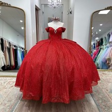 Red Quinceanera Dresses Beaded Glitter Off Shoulder Sweet 15 Princess Ball Gowns