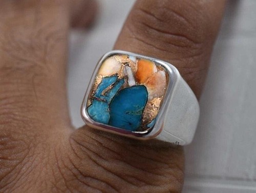 Solid 925 Sterling Silver Natural Oyster Turquoise Gemstone Christmas Men's Ring - Picture 8 of 12