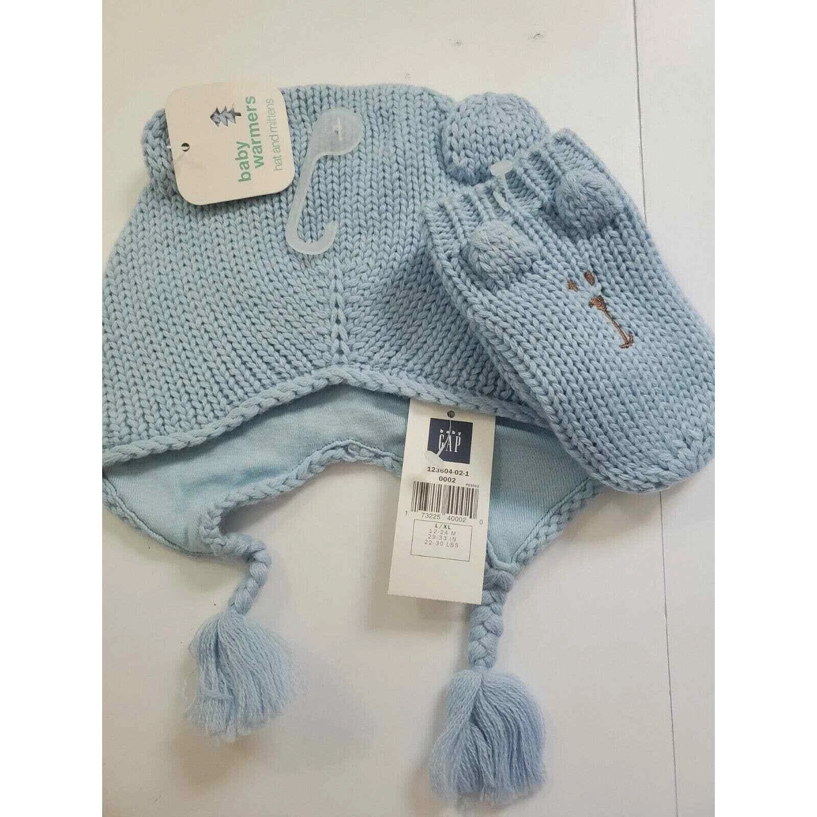 Baby Gap Vtg Knit Hat & Mittens 12-24 Mo Blue Nwt bear baby warmers new