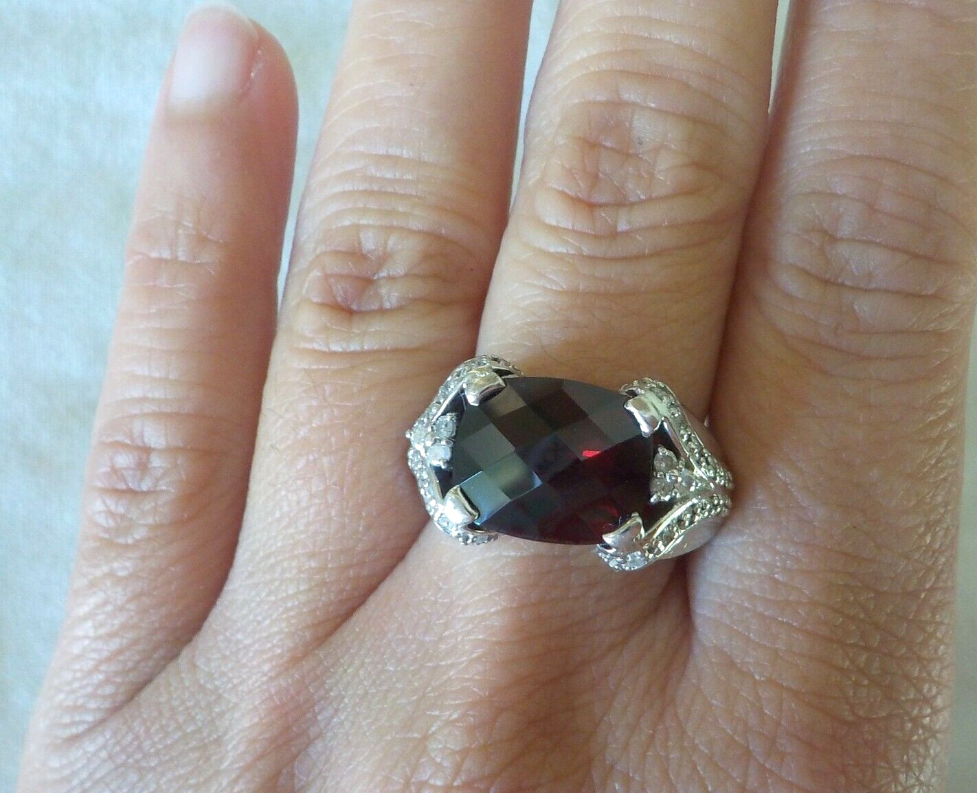 Heavy Solid Platinum Checkered Garnet Diamond Rin… - image 13