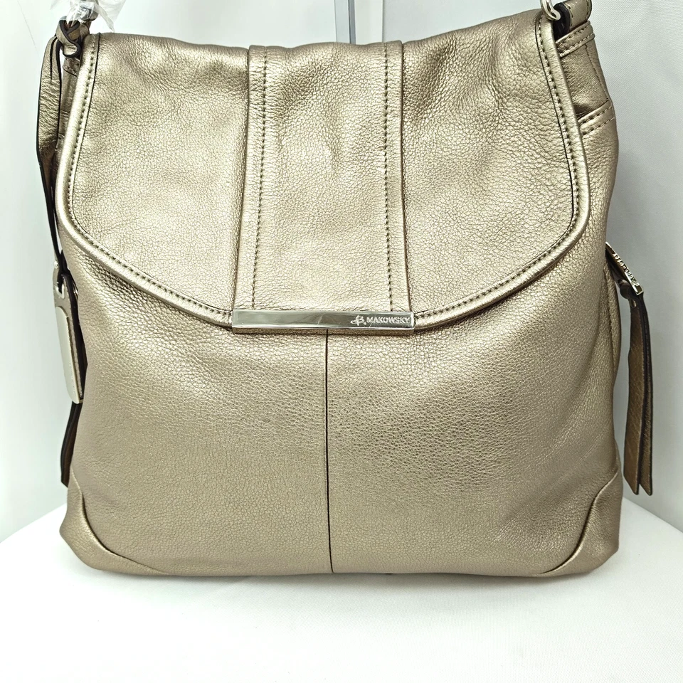Bolso de Mano B Makowsky Dorado Cuero Satinado HOBO Convertible Nuevo sin Etiquetas Foto 4 de 4