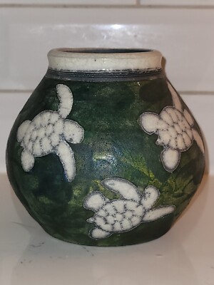 Ben Diller Maui Hawaii Signed Raku Pottery Vase 2004 Sea Turtles 5''