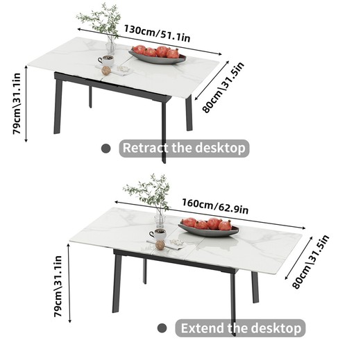 Sintered Stone Rectangular Dining Table 160CM Extendable Table Scratch Resistant - Picture 22 of 26