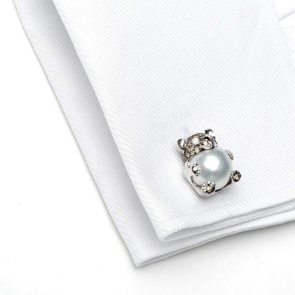 Urso de prata pura 925 com pérolas brancas do mar do sul e abotoadura masculina marrom e branca CZ - Imagem 3 de 4