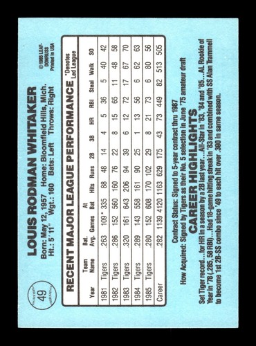Donruss #49 1986 Lou Whitaker Tigres de Detroit - Imagen 2 de 2