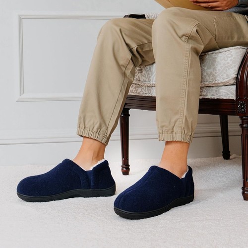 Men's Slippers Warm Bedroom House Shoes Slip-On Memory Foam 11-12 Navy Blue - Picture 2 of 5