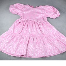 Forever 21 Women’s Pink Puff Sleeve Jacquard Mini Dress Fit & Flare Bow Waist M