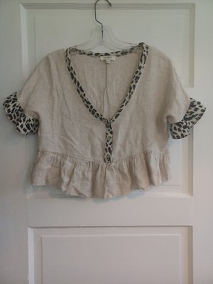 Umgee leopard print trim babydoll blouse S DIY cropped cut-off boho neutral top