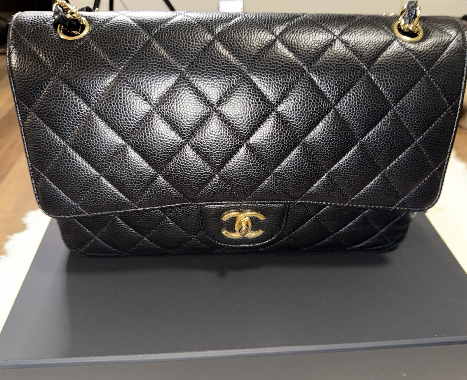 CHANEL Classic Jumbo Black Caviar Leather Double Flap Shoulder Bag/Purse