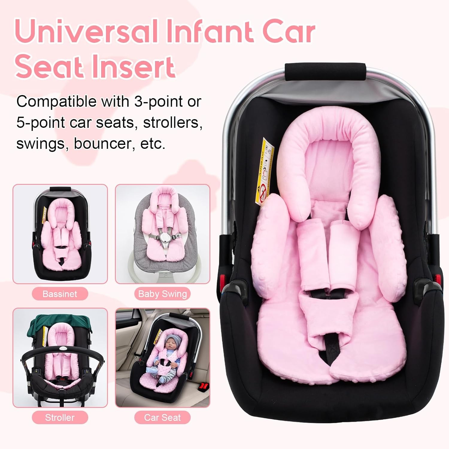 Infant Car Seat Insert with Extra 3 Strap Covers, Thickened Carseat Head Pink 