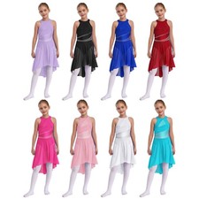 Kids Girls Leotard Rhinestone Dancewear Modern Dance Dress Ruched Skirt Jazz