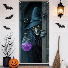Creepy Witch Happy Halloween Door Cover Purple, 35.4x70.8 inch