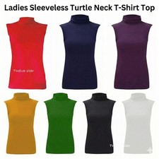 Ladies Women's Sleeveless Turtle Polo Neck T-Shirt Plain Vest Roll Neck Top