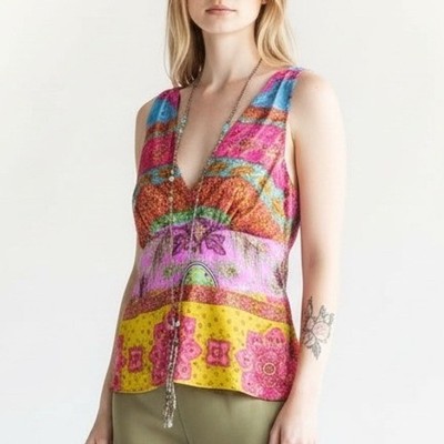 Alice & Trixie 100 Silk Boho Multi Color V Neck Tank Top Size Small EUC