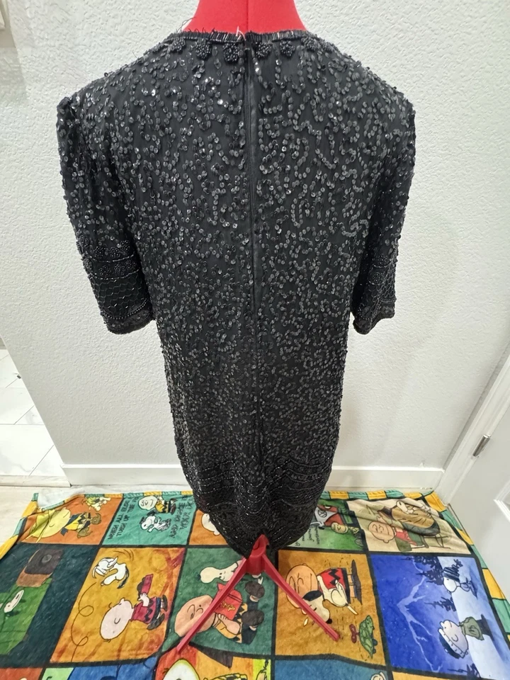 VTG Brilliante by J.A. 80s 90Black Beaded Flap Shoulder Padded 100% Silk Dress M - Image 2 of 4