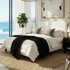 Elegant White Platform Bed Frame with Adjustable Headboard & Wooden Slats