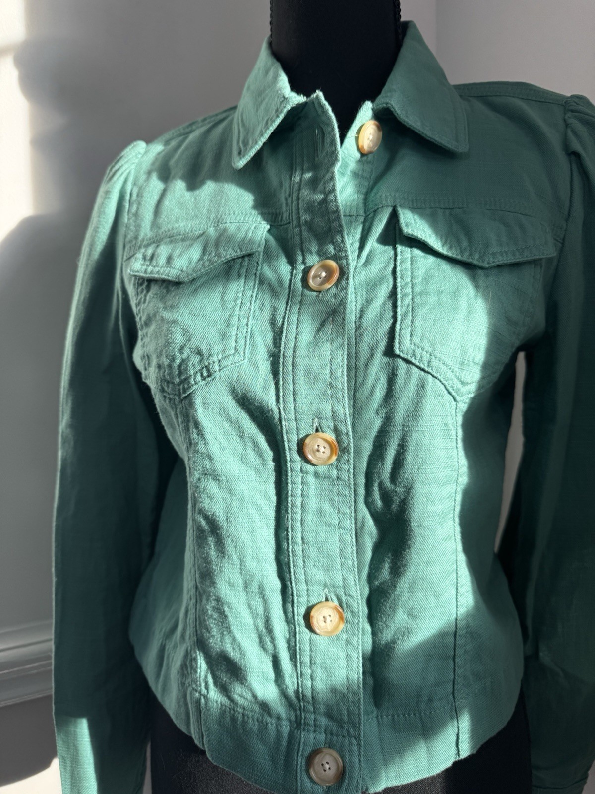 LOFT Green Fall Winter Jacket Button Down Puffed … - image 2