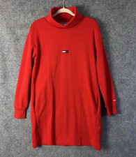 Tommy Jeans Dress Womens Small Red Embroidered Spellout Flag Turtleneck Hilfiger