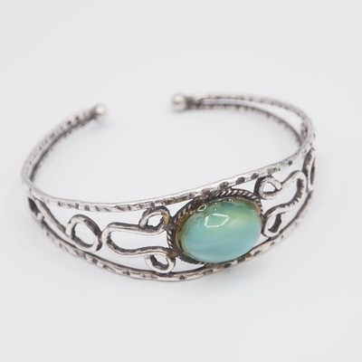 Cat's Eye Stone Silver Bangle Vintage, 18cm, 22.3g, Design Jewelry