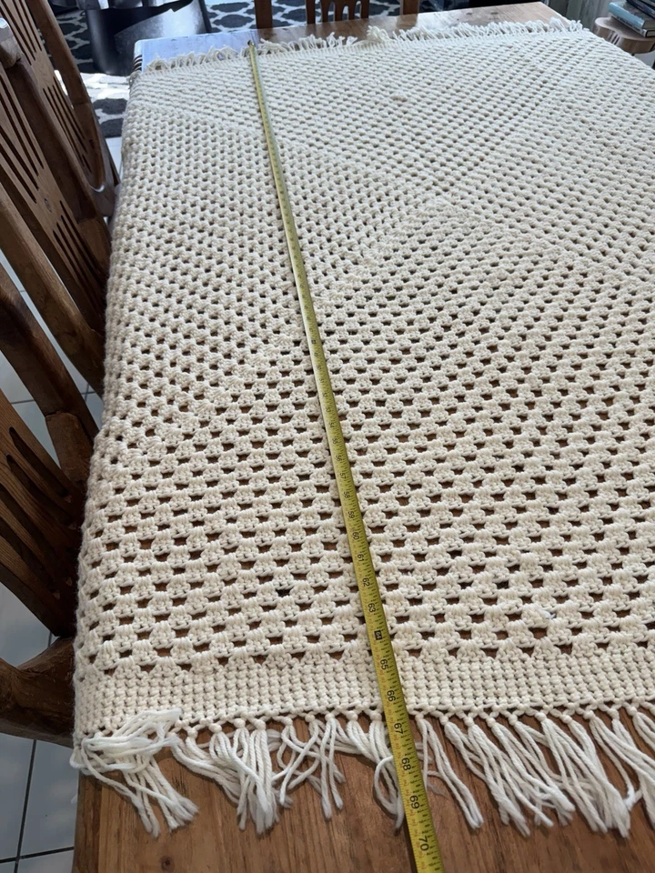 Ручной работы коренастый крючком афганский плед слоновой кости крем пряжи 69 x 63» бахрома уютный - Изображение 4 из 4