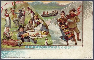 Nationalität Postkartenserie - Schweden - Chromolitho Postkarte aus Deutschland