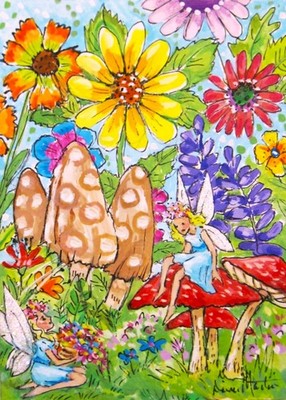 Fairy ACEO art PRINT flowers mushrooms Title:PICKING POSIES friends Sparkles